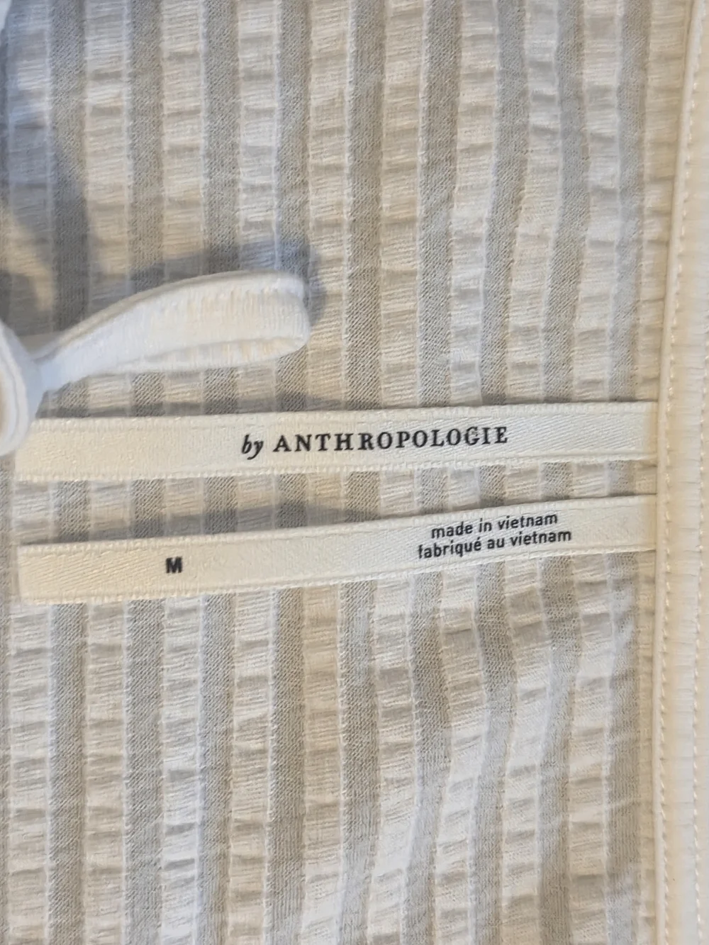 Anthropologie Cream Textured Tie-Neck Smocked-Waist Blouse